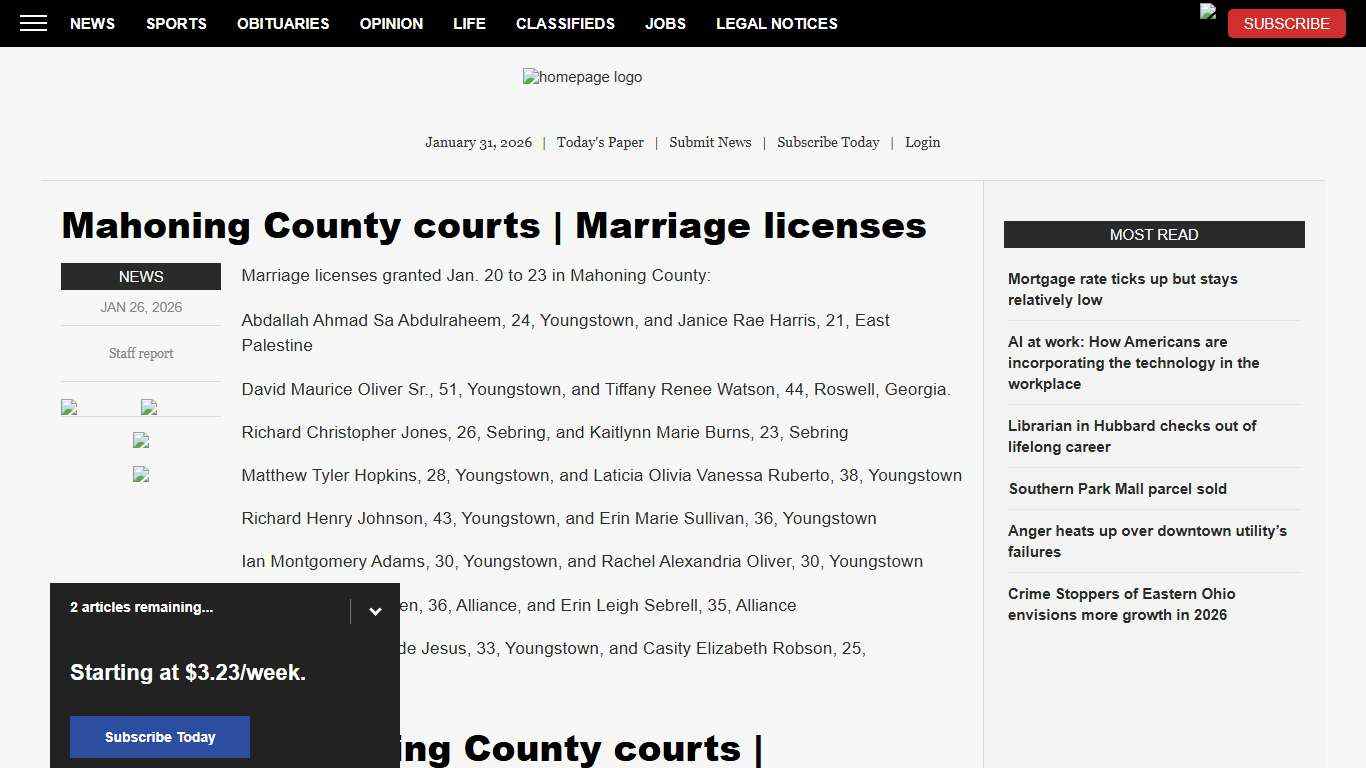 Mahoning County courts Marriage licenses News, Sports, Jobs - The Vindicator