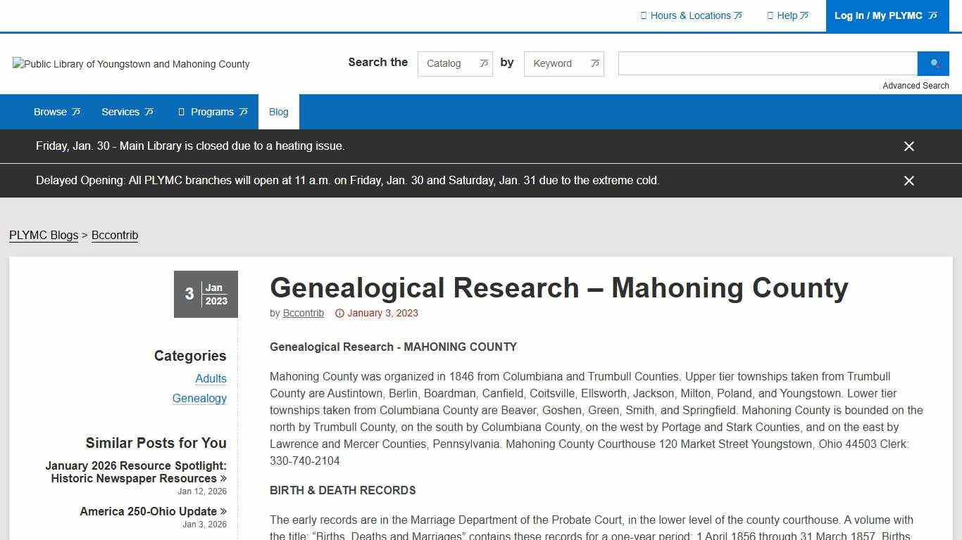 Genealogical Research – Mahoning County The Public Library of Youngstown & Mahoning County